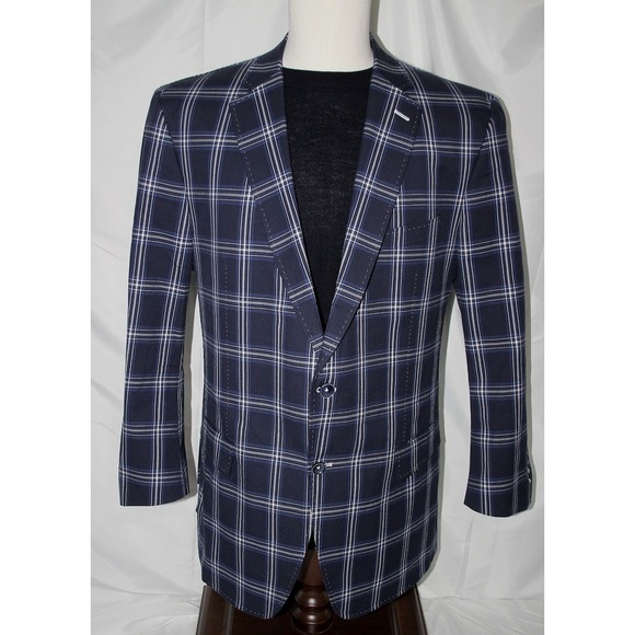 WARDROBE MANAGEMENT Bespoke 48R Blue Plaid Marzoni Cotton Lycra Sport Coat 2B